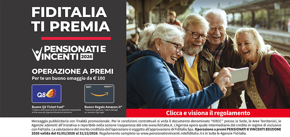 Agenzia Capital Service Fiditalia | Bari | Fiditalia ti premia - Vicni un omaggio da €100. Operazione a premi. Clicca e visiona il regolamento. Operazione a premi PENSIONATI E VINCENTI 2025 valida dal 01/01/2025 al 31/12/2025. Regolamento completo www.pensionatievincenti.retefiditalia.it